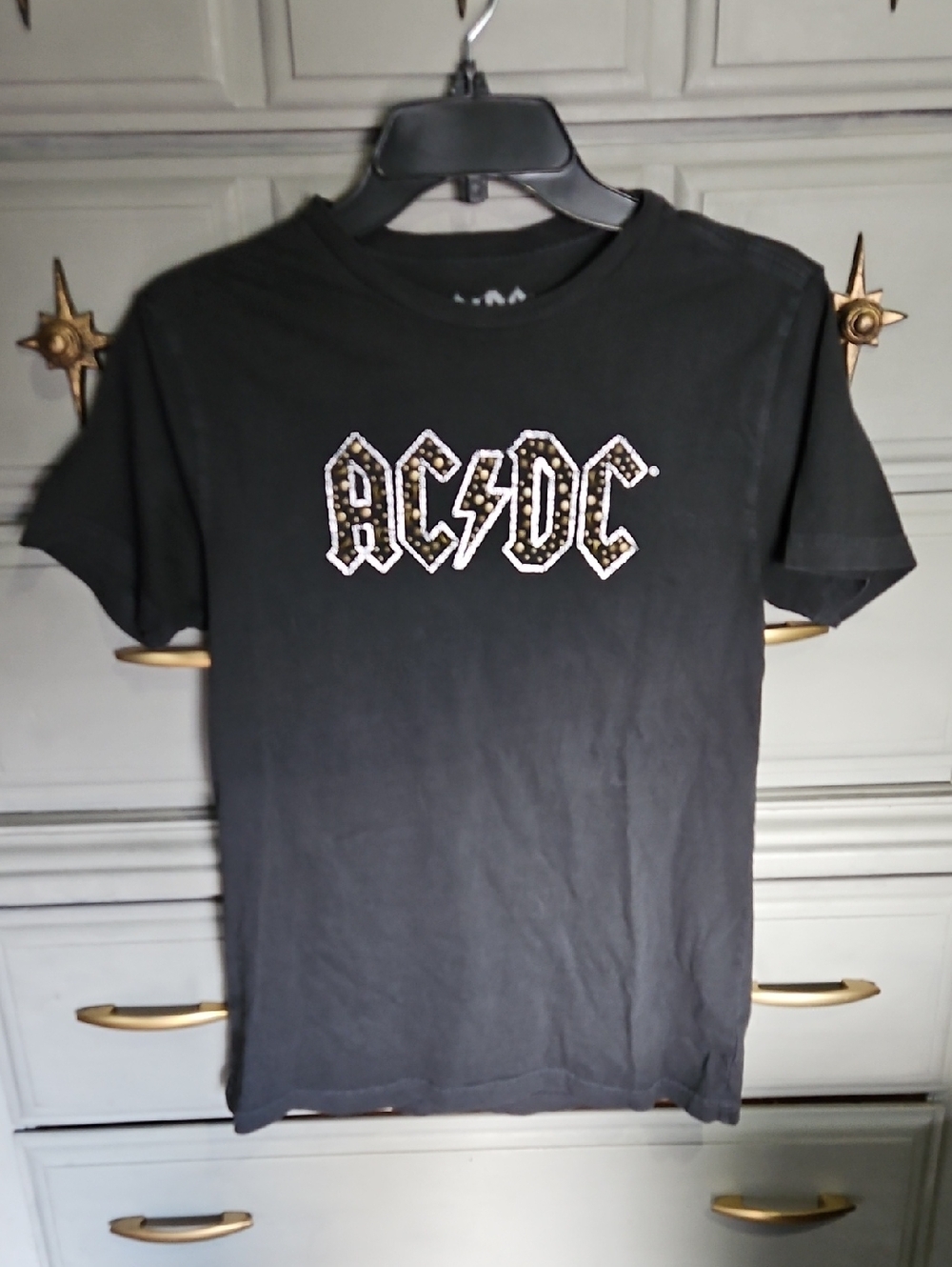 AC/DC Black Tee with Studded White and Gold Logo